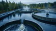 Industrial wastewater treated in plant tanks to manage water pollution sustainably. Concept Industrial Wastewater Treatment, Plant Tanks, Water Pollution Management, Sustainable Practices