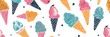 Pattern with variety of ice cream designs on white background banner. Panoramic web header. Wide screen wallpaper