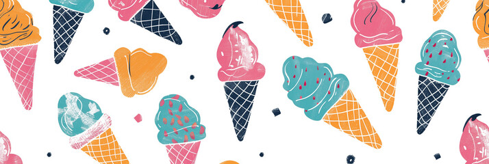 Wall Mural - Pattern with variety of ice cream designs on white background banner. Panoramic web header. Wide screen wallpaper