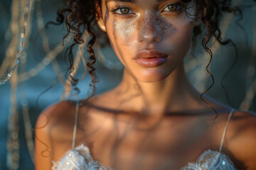 Poster - A bridal fashion line presented against a backdrop of delicate metallic lace, adding a touch of glam