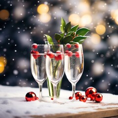 Poster - champagne and christmas decor on wooden table champagne table