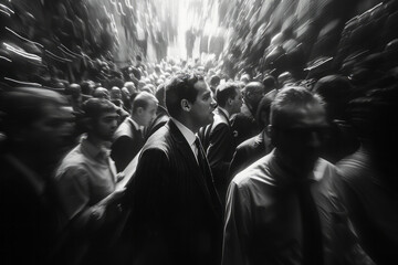Poster - A scene showing the rapid dissemination of information as traders shout and pass papers and electron