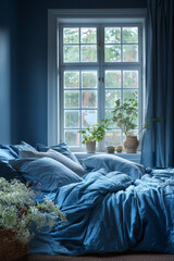 Poster - A serene bedroom where every element, from the walls to the bedding, fades from deep navy at the flo