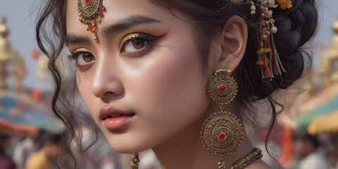 Wall Mural - portrait of a girl in a traditional Indian outfit. An image of the annual Great Rath Yatra of Lord Jagannath in Puri, Orissa, India