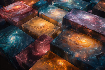 Poster - A series of canvases painted with phosphorescent paint depicting various nebulae, glowing softly in
