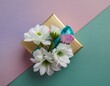jolie paquet cadeau recouvert de fleurs sur fond de couleur en ia