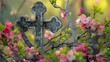 symbolism of renewal and faith with a Christian cross set against a backdrop of budding branches and bright spring flowers.