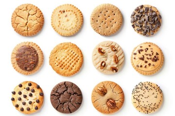 Collection of round cookie cookies biscuit, classic and nut set, on white background cutout file. Many assorted different design. Mockup template for artwork design