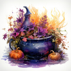 Watercolor Witchs Cauldron Illustration, Generative Ai