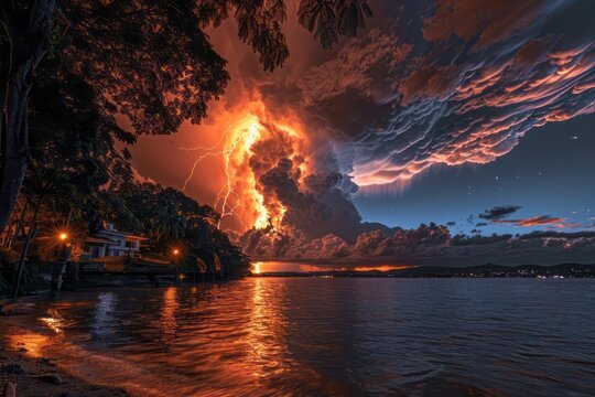 Catatumbo lightning storm, continuous, powerful flashes over a lake, night spectacle