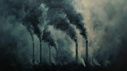 Wall Mural - A painting of a factory with smoke coming out of it