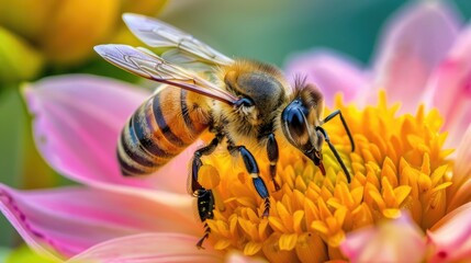 Wall Mural - Lively Honey Bee Up Close on Dahlia Flower