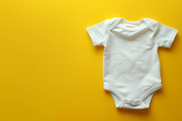 White cotton baby short sleeve bodysuit on yellow background. Infant onesie mockup. Blank gender neutral newborn bodysuit template mock up. Top view, flat lay, copy space for text 