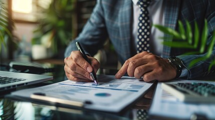 Accountant using calculator with coins and financial report. Finance background