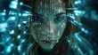 A woman hacker surrounded by glowing code in a dark room. Concept Cybersecurity, Hacking, Technology, Coding, Dark Room