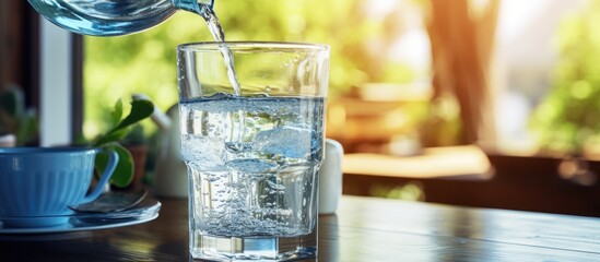 Wall Mural - Liquid being poured from drinkware into glass on table