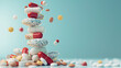 Medical balancing act. A group of medicine pills, generative ai