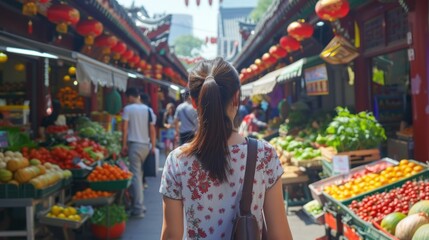 Asian women travel lifestyle, China food market street in Beijing. Chinese tourists walking in city streets on Asia vacation tourism, panoramic banner.