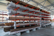 Warehouse cantilever racks for storing copper pipes or profiles. Pallet racks and industrial warehouse racks. 
