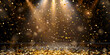 This image shows golden confetti raining on a festive stage with a light beam in the middle with black background