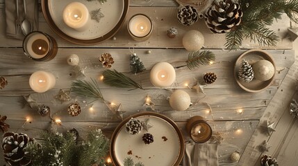 Wall Mural - A serene and rustic Christmas background featuring vintage decorations and soft candlelight