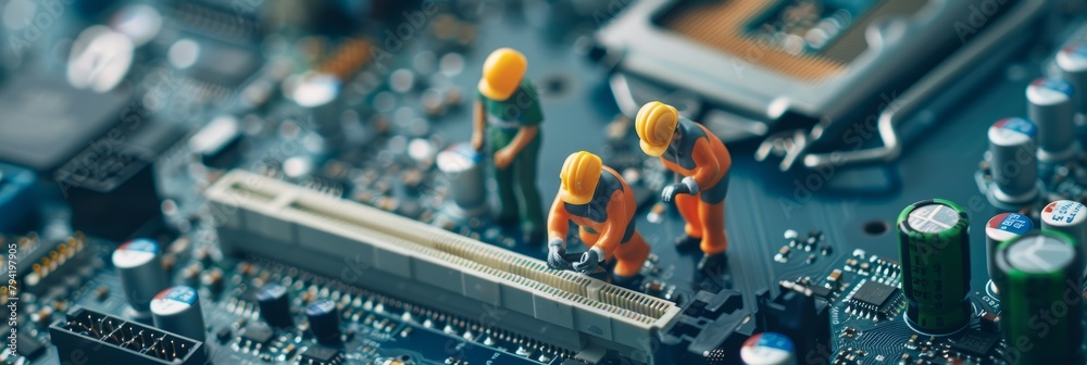 Selective focus of miniature engineer and worker fixed and repair CPU ...
