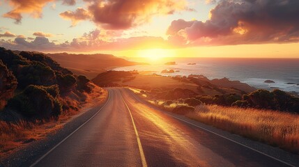 Poster - A road with a sunset in the background. The road is empty and the sun is setting. The sky is orange and the water is calm