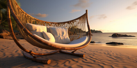 Wall Mural - Nestled on a tropical beach, a swing chair beckons with promises of relaxation and serenity.