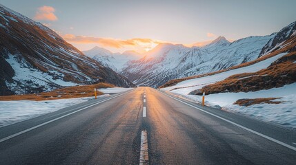 Poster - A road with a mountain in the background. The road is empty and the sun is setting. The sky is orange and the snow is white