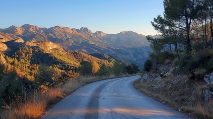 Poster - A road with a mountain in the background. The road is empty and the sky is blue. The mountains are covered in trees