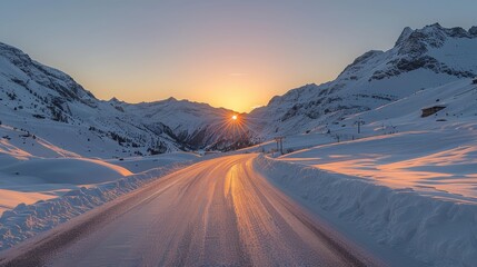 Leinwandbilder - A road with snow on it and a sun setting in the background