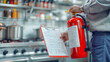 Professional Technician inspect fire extinguisher in kitchen , annual inspection .