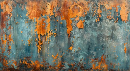  A wall with a blue background and orange splatters. The wall has a rustic, aged appearance