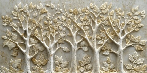 Wall Mural - Capturing the intricate leaf patterns and tree textures of an autumn forest in sandstone relief, with a minimalist touch.