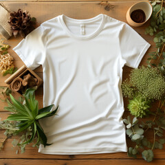 Wall Mural - flat lay, blank white tshirt mockup, peaceful boho surroundings сreated with Generative Ai