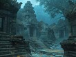 A dark and eerie scene of a ruined temple with a forest in the background. Scene is mysterious and ominous