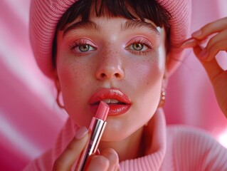 Create a scene of a fashion shoot, where a model is applying lip gloss from a stylish bottle with a pastel design and a metallic cap, adding a finishing touch to her look 8K , high-resolution, ultra H