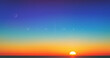 Beautiful cloudless ocean dusk sunrise or sunset im minimal style. Sun setting over the horizon. Simple idyllic romantic ambient soft blurred landscape background for banner, flyer, cover or poster