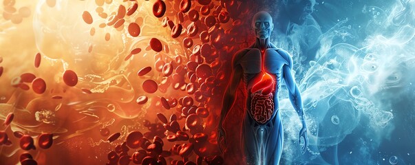dramatic depiction of cholesterol battle in the human body, dark and light imagery to signify health