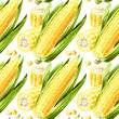 Fresh sweet corn seamless pattern, Hand drawn watercolor illustration, isolated on white background