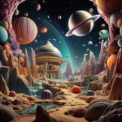 Wall Mural - Explore a surrealistic space scene from a curious eye-level angle