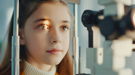 A little girl test and checking glaucoma with optometrist or ophthalmologist. A little girl patient having an eye exam