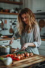 Woman cutting onions on a cutting board in a kitchen. Ideal for food preparation concepts