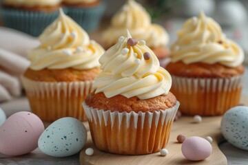 Sticker - Colorful cupcakes and Easter eggs on a table. Perfect for Easter celebrations