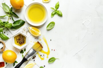 Poster - Fresh lemons and aromatic spices on a clean white table. Perfect for food and kitchen-related designs