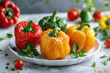 Poster - Fresh vegetables on a white plate, perfect for food blogs or recipe websites