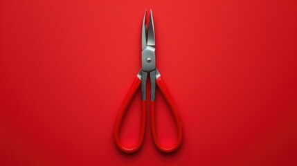 Poster - Pair of red scissors on a vibrant red background. Perfect for office supplies or arts and crafts projects