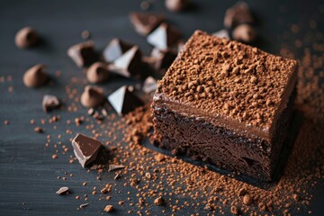 Poster - A close up of a piece of chocolate cake on a table. Ideal for food and dessert concepts