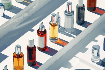 Poster - Various colored bottles arranged on a table. Suitable for product display