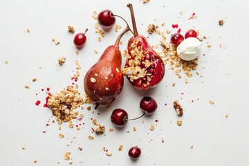 Poster - Fresh pears with granola and cherries on a white surface. Perfect for food and healthy eating concepts